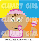 Clip Art of a Cute Latin American Baby Girl with a Pacifier, Bib and Rattle by Dennis Holmes Designs