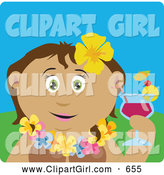 Clip Art of a Cute Latin American Woman in a Hawaiian Lei, Drinking a Cocktail on Vacation by Dennis Holmes Designs
