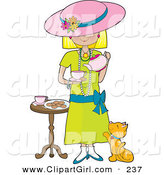 Clip Art of a Cute Little Blond Caucasian Girl Dressed in Her Mother's Clothing and Pouring a Cup of Tea into a Cup While a Marmalade Cat Looks up at Her, Waiting for a Treat by Maria Bell