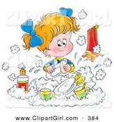 Clip Art of a Cute Little Blond Girl Happily Washing Dishes in a Soapy Kitchen Sink by Alex Bannykh