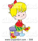 Clip Art of a Cute Little Blond Girl Sitting on a Cube and Putting Her Boots on by Alex Bannykh