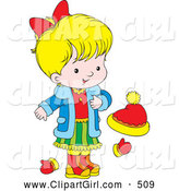Clip Art of a Cute Little Blond Girl Wearing a Blue Jacket, Red Shirt, and Green Skirt, Standing by Mittens and a Ha by Alex Bannykh