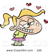 Clip Art of a Cute Little Blond White Girl with a Cruch on Someone, Red Hearts Fluttering Above Her Head by Toonaday