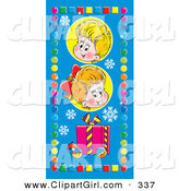 Clip Art of a Cute Little Boy and Girl Above a Gift, Snowflakes and Baubles, Bordered by Colorful Circles and Squares on Blue by Alex Bannykh