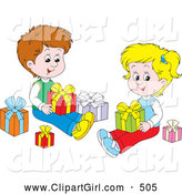 Clip Art of a Cute Little Boy and Girl, Brother and Sister, Sitting on the Floor and Opening Christmas Presents by Alex Bannykh