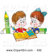 Clip Art of a Cute Little Boy and Girl Studying Together, a Green Colored Pencil Watching on White by Alex Bannykh