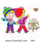 Clip Art of a Cute Little Boy and Girl Walking, Holding Hands and Waving to a Bird on a Winter Day by Alex Bannykh