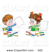 Clip Art of a Cute Little Boy and His Sister Proudly Holding up Their Artwork While Coloring at a Table by Alex Bannykh