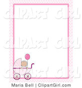 Clip Art of a Cute Little Caucasian Baby Girl Holding a Pink Balloon in a Pink Baby Carriage on a Pink and White Checkered Stationery Frame by Maria Bell