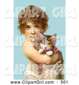 Clip Art of a Cute Little Curly Haired Victorian Child Holding a Kitten in Their Arms, over a Blue Background by OldPixels