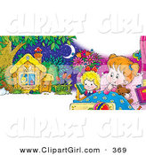 Clip Art of a Cute Little Girl Cuddling in Bed with Her Teddy Bear a Doll, Dreaming of a Cute Little Cabin by Alex Bannykh