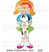 Clip Art of a Cute Little Red Haired Caucasian Girl with a Daisy Flower on Her Pink Headband with a Dog in HandCute Little Red Haired Caucasian Girl with a Daisy Flower on Her Pink Headband with a Dog in Hand by Maria Bell