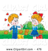 Clip Art of a Cute Little Smiling Boy Giving Candy to a Girl He Has a Crush on by Alex Bannykh