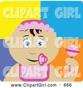 Clip Art of a Cute Mexican Baby Girl with a Pacifier, Bib and Rattle by Dennis Holmes Designs