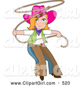Clip Art of a Cute Teenage Cowgirl in Chaps and a Pink Hat, Swinging a Lasso by Maria Bell