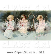 Clip Art of a Cute Vintage Victorian Scene of Three Little Girls Sitting on a Fallen Tree and Making a Garland of the Pink Spring Blossoms, Circa 1890. by OldPixels