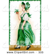 Clip Art of a Cute Vintage Victorian St Patrick's Day Scene of a Young Irish Lady in a Green Dress and Bonnet, Carrying a Small Plant, Circa 1907 by OldPixels