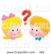 Clip Art of a Cute, yet Curious Boy and Girl with a Red Question Mark Between Their Heads by Alex Bannykh
