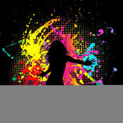 Clip Art of a Dancing Woman, Silhouetted in Black, over a Grungy Black Background of Dots and Splatters by KJ Pargeter