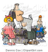 Clip Art of a Divorced Dad Reading Newspaper Beside His Bored Kids by Djart