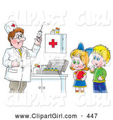 Clip Art of a Doctor Preparing a Syringe for Shots While a Boy and Girl Watch, on White by Alex Bannykh