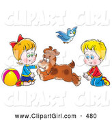 Clip Art of a Dog Running Back and Forth Between a Smiling Brother and Sister by Alex Bannykh