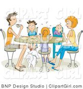Clip Art of a Family of Five with Their White Dog Eating at a Table by BNP Design Studio