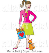 Clip Art of a Fashionable Young White Brunette Woman Wearing Jewelery and Holding a Bag with Two Orange Kittens in It While the Mother Cat Leans and Rubs Against Her Leg by Maria Bell