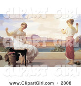 Clip Art of a Female and Child Winding Yarn Outdoors on a Patio, Original Titled Winding the Skein by Frederic Lord Leighton by JVPD