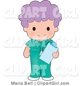 Clip Art of a Female Purple Haired Medical Nurse or Doctor in Green Scrubs, Holding a Clipboard While on Shift at the Hospital by Maria Bell