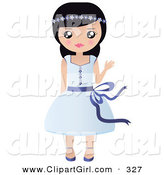 Clip Art of a Friendly Black Haired White Girl with Flowers in Her Hair, Waving and Wearing a Pretty Blue Dress by Melisende Vector