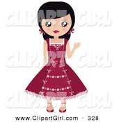 Clip Art of a Friendly Black Haired White Girl with Her Hair in Pigtails, Waving and Wearing a Pretty Red Dress by Melisende Vector