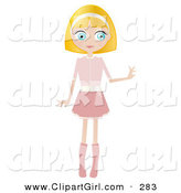 Clip Art of a Friendly Blond Haired, Blue Eyed Caucasian Woman Dressed in Pink, Standing and Holding One Arm out by Melisende Vector