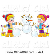 Clip Art of a Friendly Boy and Girl Holding Shovels and Making a Snowman by Alex Bannykh