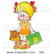 Clip Art of a Friendly Cat Following a Blond Girl on Her Way to School by Alex Bannykh