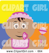 Clip Art of a Friendly Hispanic Baby Girl with a Pacifier, Bib and Rattle by Dennis Holmes Designs