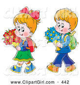 Clip Art of a Friendly Little Boy and Girl Walking Home from School with Flowers by Alex Bannykh