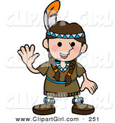 Clip Art of a Friendly White Girl in a Native American Indian Costume Made of Leather and Beads, Wearing a Feather in Her Hair and Waving by AtStockIllustration