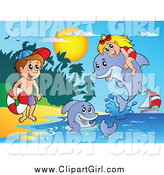 Clip Art of a Girl and Boy with Dolphins on a Beach by Visekart
