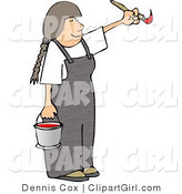 Clip Art of a Girl Artist Painting with a Paintbrush and Pail of Red Paint by Djart