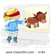 Clip Art of a Girl Pinning the Tail on a Donkey at a Party by BNP Design Studio