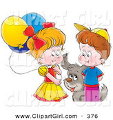 Clip Art of a Gray Puppy Playing with a Boy and Girl with Balloons by Alex Bannykh