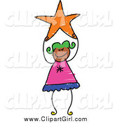 Clip Art of a Green Haired Black Sketched Girl Holding an Orange Star by Prawny