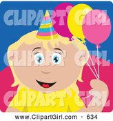 Clip Art of a Grinning Caucasian Birthday Girl Holding Balloons by Dennis Holmes Designs