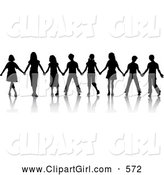 Clip Art of a Group of Black Silhouetted Boys and Girls Standing in a Line and Holding Hands While Playing the Game Red Rover by KJ Pargeter