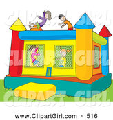 Clip Art of a Group of Boys and Girls Jumping in a Colorful Inflatable Bouncy Castle on Grass by Maria Bell