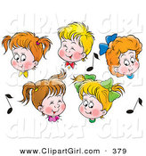 Clip Art of a Group of Five Boys and Girls in Choir, Singing, Surrounded by Music Notes by Alex Bannykh