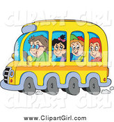 Clip Art of a Group of Happy White School Children and Driver on a Bus by Visekart