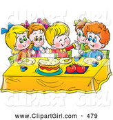 Clip Art of a Group of Smiling Children Eating Cake at a Table by Alex Bannykh