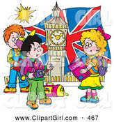 Clip Art of a Group of Smiling Children Touring London, Admiring Big Ben by Alex Bannykh
